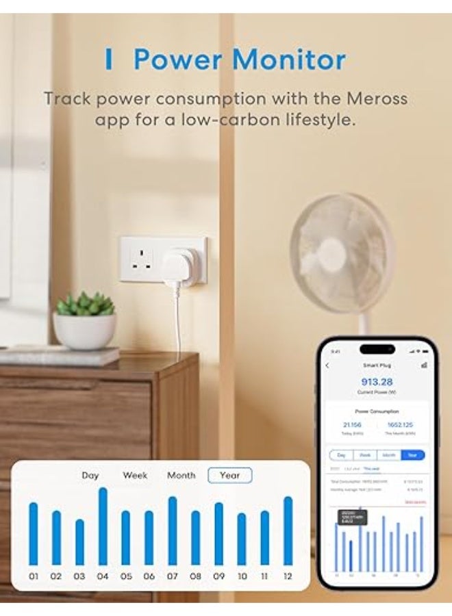 Meross Smart Plug with Energy Monitoring, Mini Smart WiFi Plug Work with Alexa, Google Home, SmartThings, Smart Socket Remote Control Timer Plug, No Hub Required, 13A, 2 Packs - Image 4