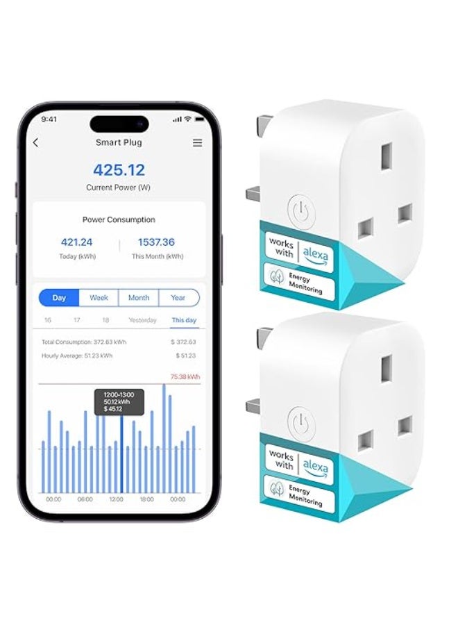 Meross Smart Plug with Energy Monitoring, Mini Smart WiFi Plug Work with Alexa, Google Home, SmartThings, Smart Socket Remote Control Timer Plug, No Hub Required, 13A, 2 Packs - Image 1