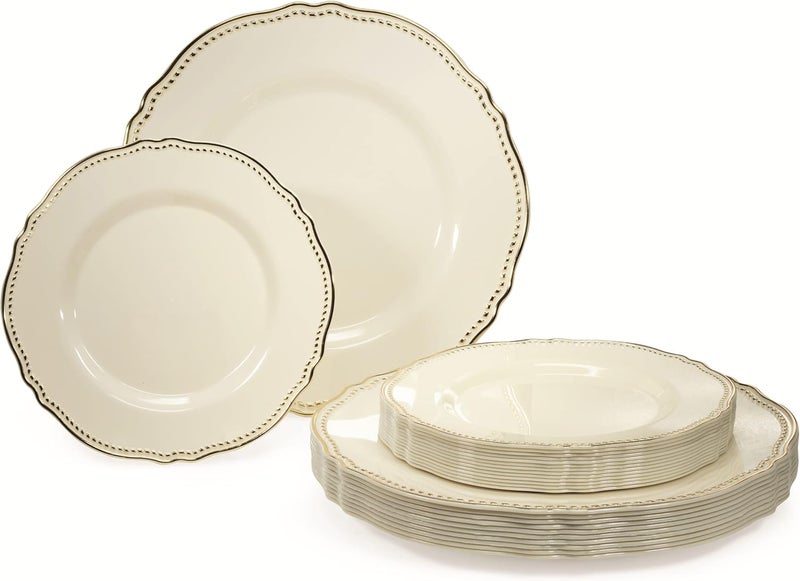 OCCASIONS FINEST PLASTIC TABLEWARE OCCASIONS 50 Pack (25 Guests) Fancy Disposable Plates, Rochelle Ivory Gold | Heavy Duty Scalloped, China-Like Look, 10.25" Dinner + 7.5" Salad/Dessert, Wedding Party, BPA Free, Recyclable, Rigid - Image 1