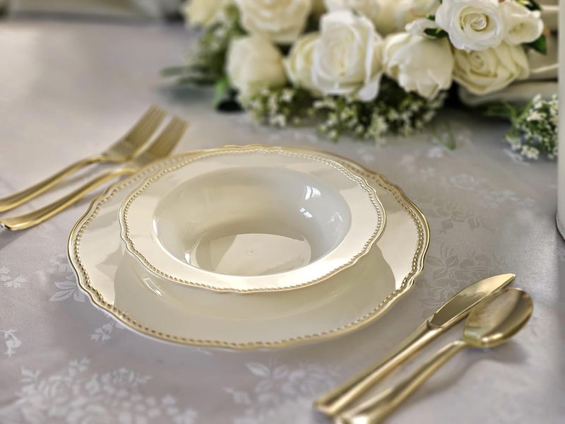 OCCASIONS FINEST PLASTIC TABLEWARE OCCASIONS 50 Pack (25 Guests) Fancy Disposable Plates, Rochelle Ivory Gold | Heavy Duty Scalloped, China-Like Look, 10.25" Dinner + 7.5" Salad/Dessert, Wedding Party, BPA Free, Recyclable, Rigid - Image 5