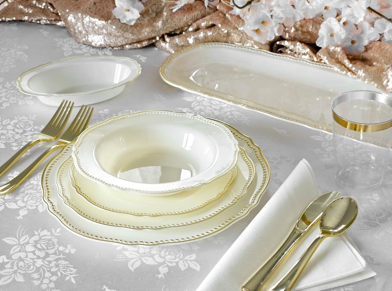 OCCASIONS FINEST PLASTIC TABLEWARE OCCASIONS 50 Pack (25 Guests) Fancy Disposable Plates, Rochelle Ivory Gold | Heavy Duty Scalloped, China-Like Look, 10.25" Dinner + 7.5" Salad/Dessert, Wedding Party, BPA Free, Recyclable, Rigid - Image 3