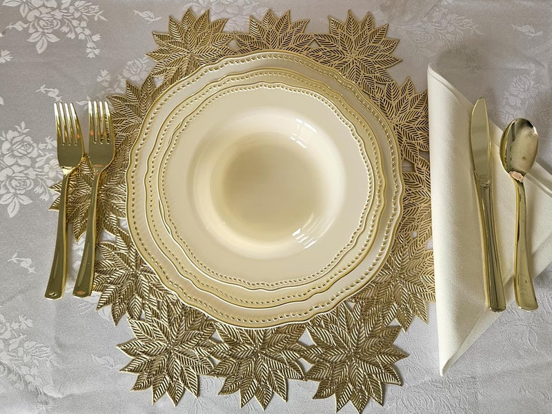 OCCASIONS FINEST PLASTIC TABLEWARE OCCASIONS 50 Pack (25 Guests) Fancy Disposable Plates, Rochelle Ivory Gold | Heavy Duty Scalloped, China-Like Look, 10.25" Dinner + 7.5" Salad/Dessert, Wedding Party, BPA Free, Recyclable, Rigid - Image 4