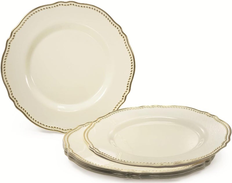 OCCASIONS FINEST PLASTIC TABLEWARE OCCASIONS 50 Pack (25 Guests) Fancy Disposable Plates, Rochelle Ivory Gold | Heavy Duty Scalloped, China-Like Look, 10.25" Dinner + 7.5" Salad/Dessert, Wedding Party, BPA Free, Recyclable, Rigid - Image 2
