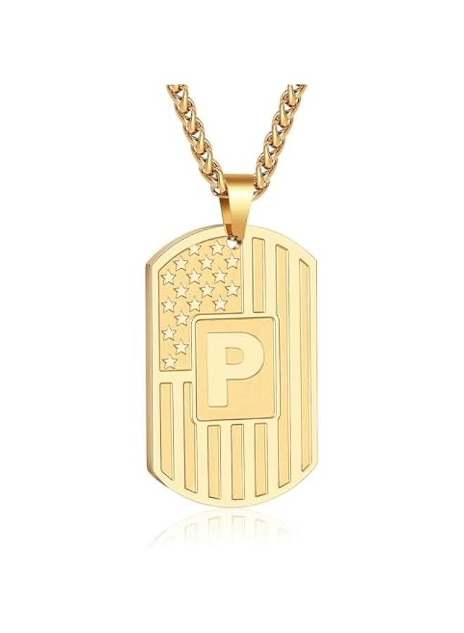 Graduation Gifts-Initial A-Z Letter Necklace for Men Boys Kids Teen, Stainless Steel American Flag Dog Tag Pendent Chain Jewelry Birthday Graduation Gifts for him boyfriend husband dad 24Inches  - Image 1