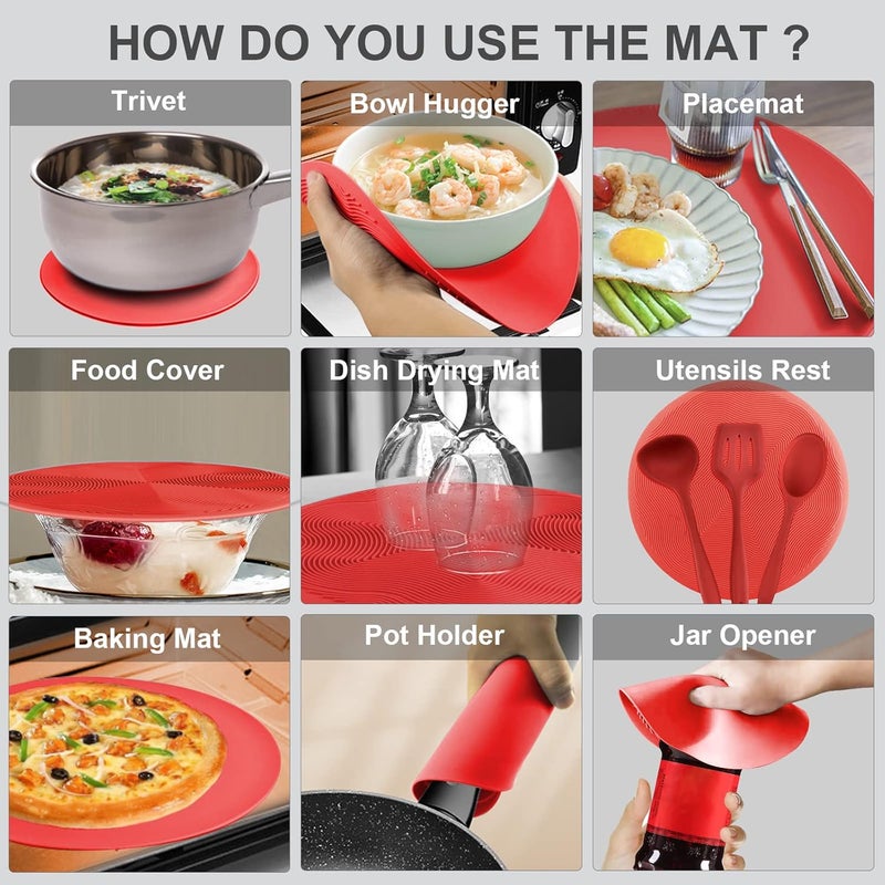 AIDACOM 2 in 1, Microwave Mat & Food Cover- Mat as Bowl Holder, Cover for Splatter Guard, Multi-use: Silicone Trivet, Pot Holders, Drying, Baking, Place Mat, Utensils Rest for Kitchen Counter, Red - Image 3