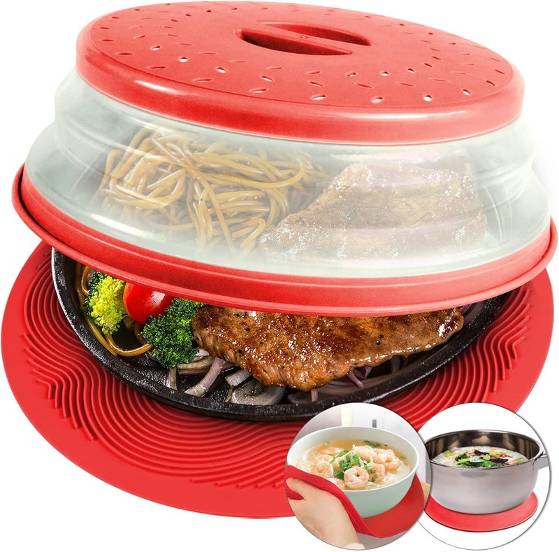 AIDACOM 2 in 1, Microwave Mat & Food Cover- Mat as Bowl Holder, Cover for Splatter Guard, Multi-use: Silicone Trivet, Pot Holders, Drying, Baking, Place Mat, Utensils Rest for Kitchen Counter, Red - Image 1