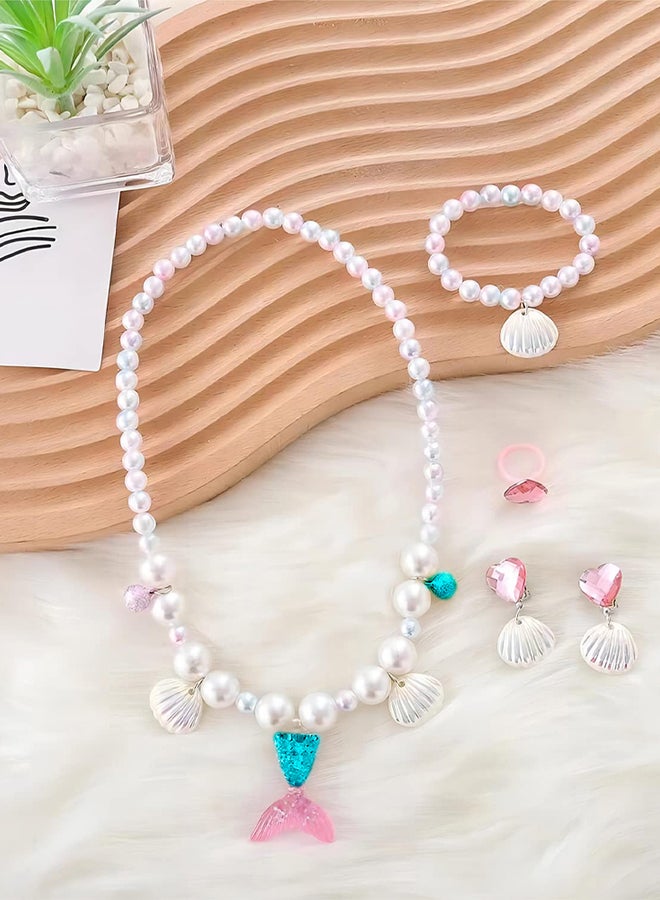 MARGOUN Mermaid Jewelry Set for Little Girls Princess Mermaid Stretchy Necklace Bracelet Earrings Ring Kids Pretend and Dress Up Jewelry for Toddlers Aged 2 3 4 5 Gift Blue  - Image 1