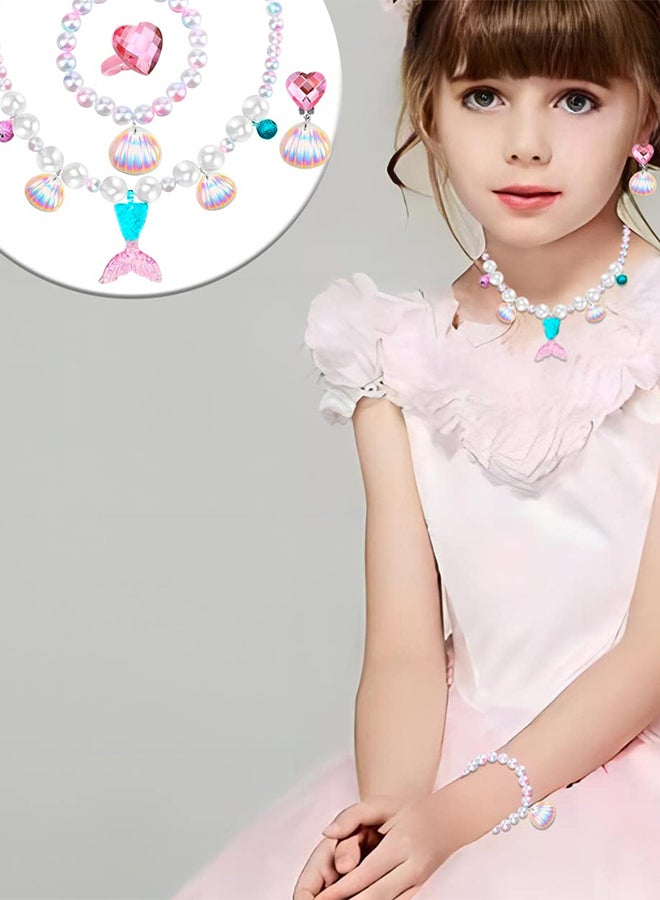 MARGOUN Mermaid Jewelry Set for Little Girls Princess Mermaid Stretchy Necklace Bracelet Earrings Ring Kids Pretend and Dress Up Jewelry for Toddlers Aged 2 3 4 5 Gift Blue  - Image 2