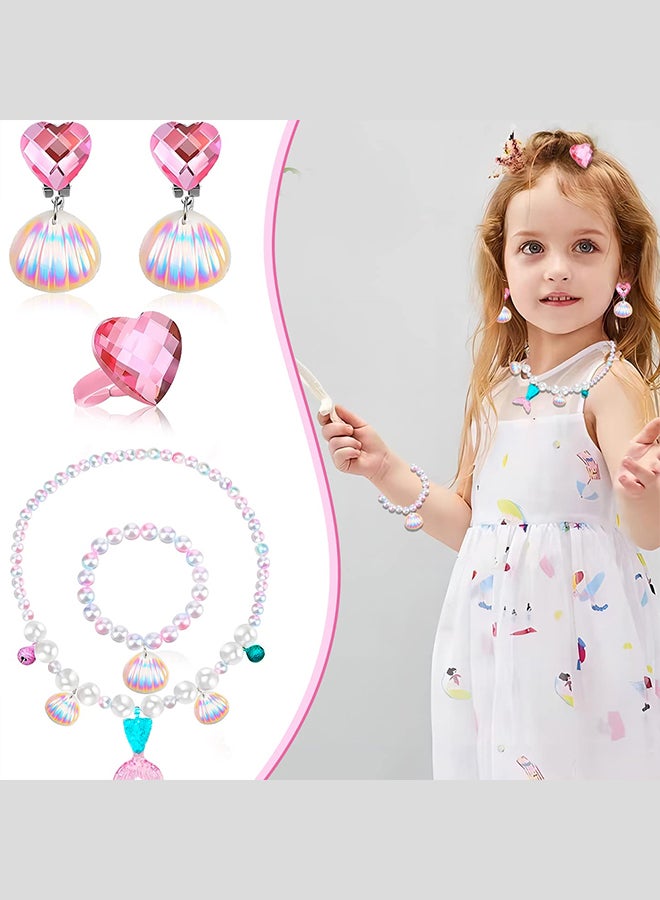 MARGOUN Mermaid Jewelry Set for Little Girls Princess Mermaid Stretchy Necklace Bracelet Earrings Ring Kids Pretend and Dress Up Jewelry for Toddlers Aged 2 3 4 5 Gift Blue  - Image 4