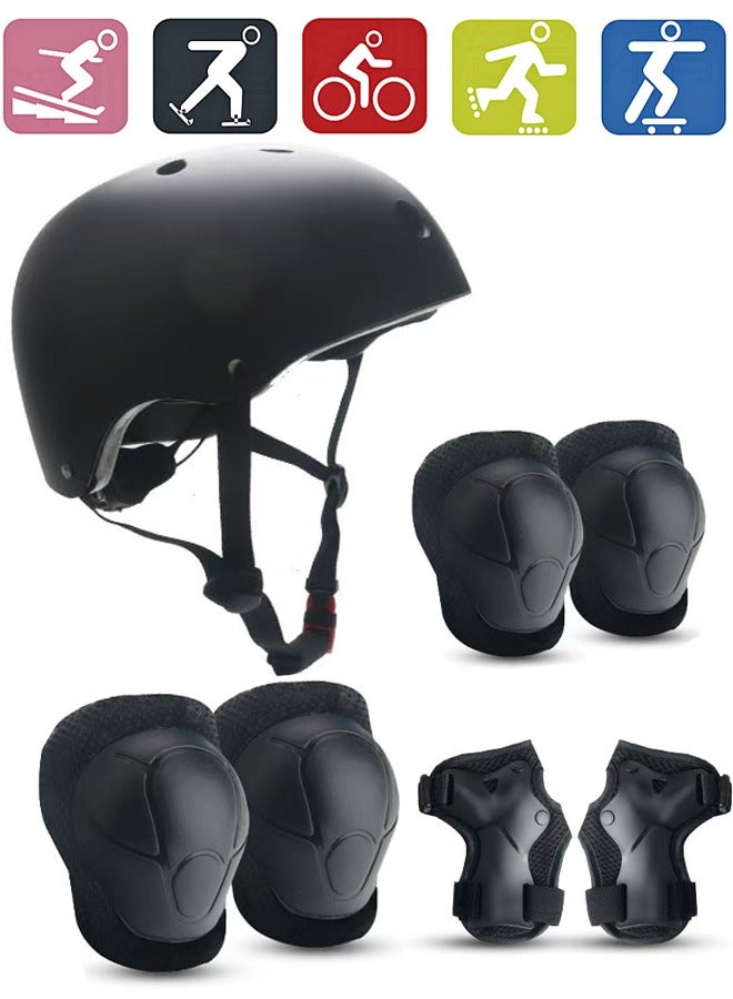 PYC 7 Pcs Multi-Sport Protective Gear Set with Adjustable Helmet Knee and Elbow Pads Wrist Guards fit for Multi Sports Scooter, Skateboarding, Biking, Roller Skating Black - Image 1