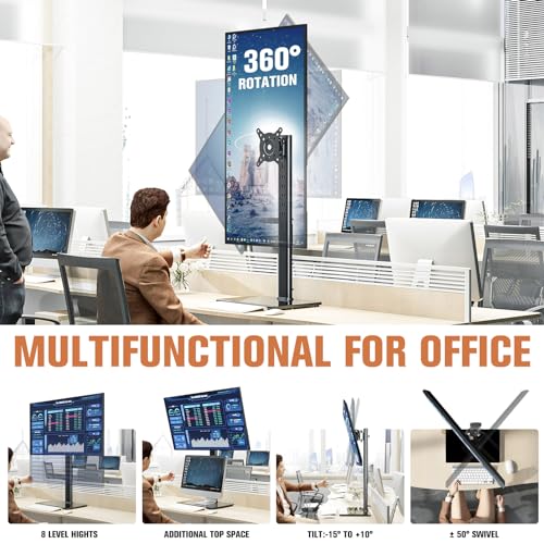 Hemudu Single Monitor Stand Freestanding 27-43 Inch Monitor Arm Curved Screen Monitor Mount Tempered Glass Base Adjustable Motion Tilt -15° to 10° Swivel ±45° Rotation 360° Weight Capacity 77lbs HT05B-003 - Image 3