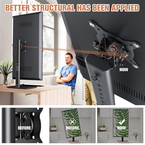Hemudu Single Monitor Stand Freestanding 27-43 Inch Monitor Arm Curved Screen Monitor Mount Tempered Glass Base Adjustable Motion Tilt -15° to 10° Swivel ±45° Rotation 360° Weight Capacity 77lbs HT05B-003 - Image 2