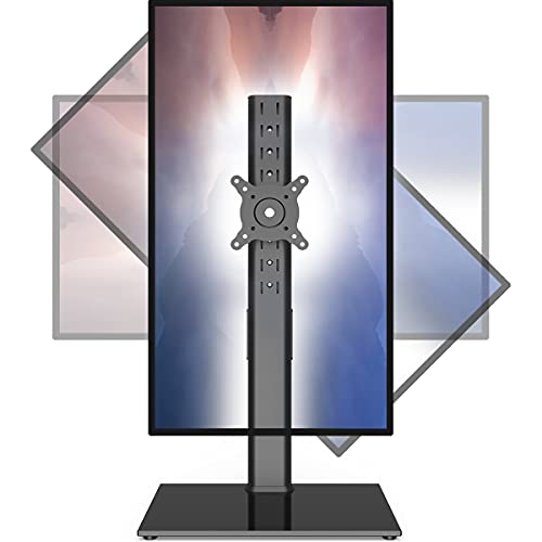 Hemudu Single Monitor Stand Freestanding 27-43 Inch Monitor Arm Curved Screen Monitor Mount Tempered Glass Base Adjustable Motion Tilt -15° to 10° Swivel ±45° Rotation 360° Weight Capacity 77lbs HT05B-003 - Image 1