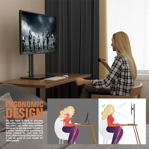 Hemudu Single Monitor Stand Freestanding 27-43 Inch Monitor Arm Curved Screen Monitor Mount Tempered Glass Base Adjustable Motion Tilt -15° to 10° Swivel ±45° Rotation 360° Weight Capacity 77lbs HT05B-003 - Image 5