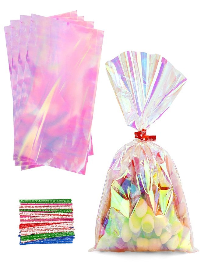 Linsuminn Iridescent Cellophane Bags with Colorful Ties, 100 PCS Holographic Bags, 5x7 Inch Plastic Clear Treat Bag Gift Candy Goodie Cookie Bag for Holiday Wedding Birthday Baby Shower Party Favor Supplies - Image 1