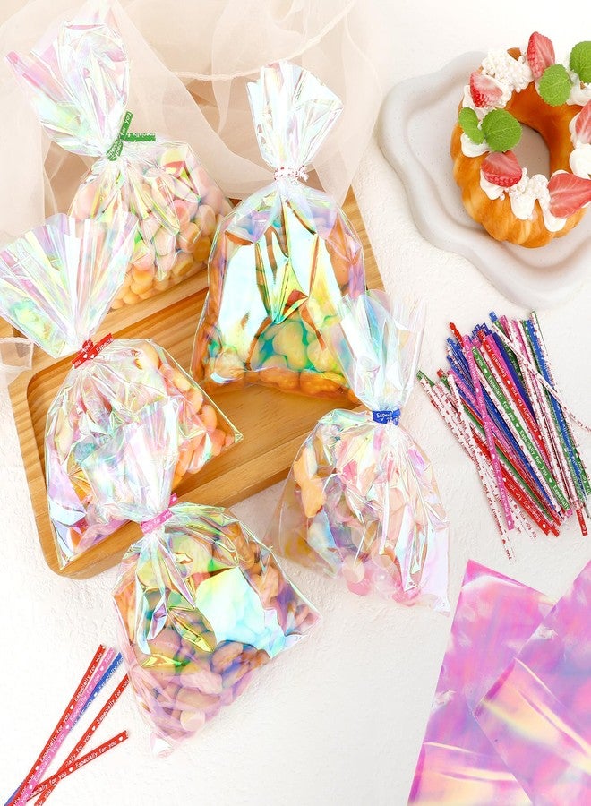 Linsuminn Iridescent Cellophane Bags with Colorful Ties, 100 PCS Holographic Bags, 5x7 Inch Plastic Clear Treat Bag Gift Candy Goodie Cookie Bag for Holiday Wedding Birthday Baby Shower Party Favor Supplies - Image 5