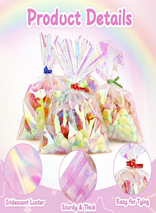 Linsuminn Iridescent Cellophane Bags with Colorful Ties, 100 PCS Holographic Bags, 5x7 Inch Plastic Clear Treat Bag Gift Candy Goodie Cookie Bag for Holiday Wedding Birthday Baby Shower Party Favor Supplies - Image 3