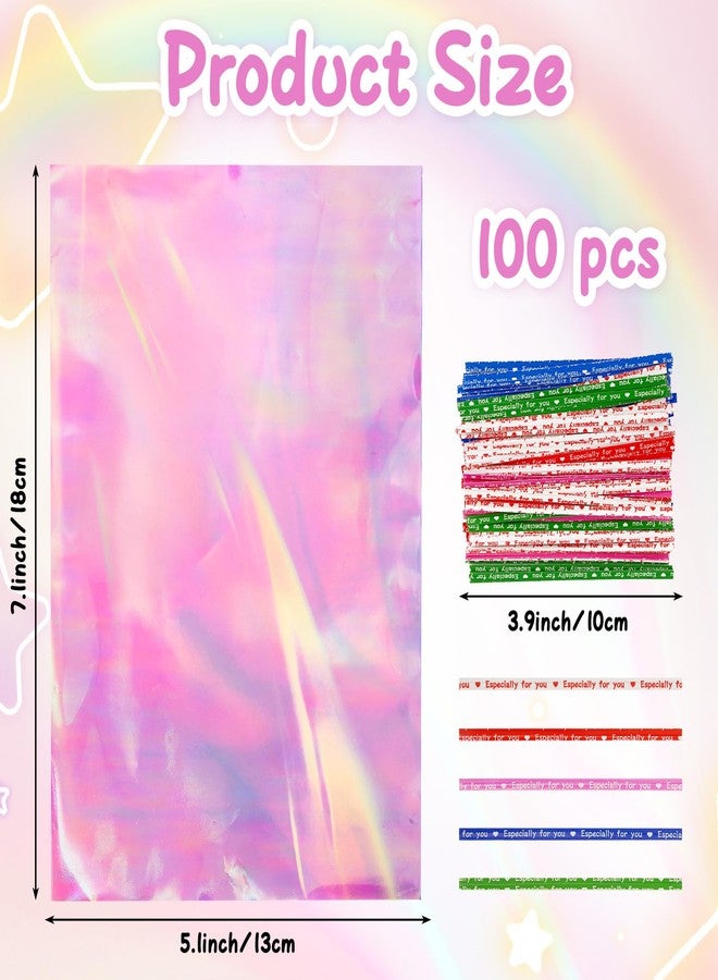 Linsuminn Iridescent Cellophane Bags with Colorful Ties, 100 PCS Holographic Bags, 5x7 Inch Plastic Clear Treat Bag Gift Candy Goodie Cookie Bag for Holiday Wedding Birthday Baby Shower Party Favor Supplies - Image 2