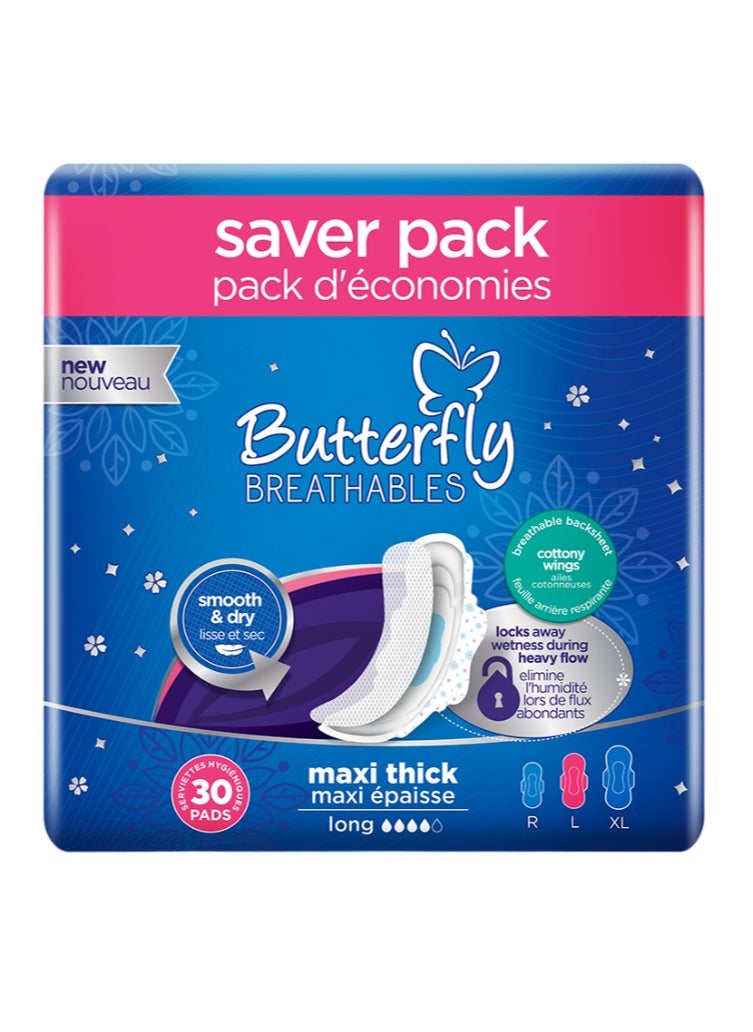 BUTTERFLY Butterfly Breathables Maxi Thick Dry Sanitary Pads Long Trio - Count 30  - Image 1