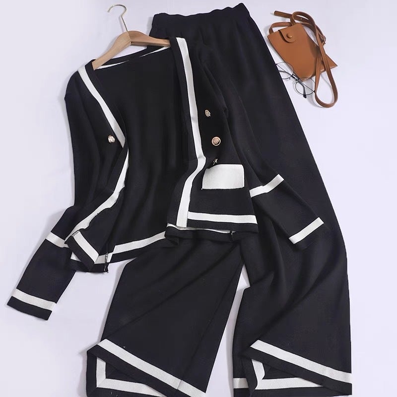 Fashion Suit Design Color-Block Double-Breasted Long-Sleeve Knit Cardigan Women Versatile High-Waisted Wide-Leg Pants Two-Piece Set White suit - Image 2