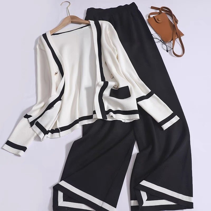 Fashion Suit Design Color-Block Double-Breasted Long-Sleeve Knit Cardigan Women Versatile High-Waisted Wide-Leg Pants Two-Piece Set White suit - Image 1