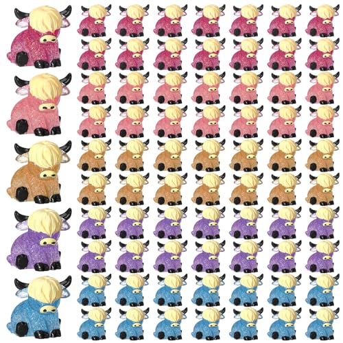 Beeveer 75 Pcs Mini Highland Cow Figurines Bulk Glitter Highland Cow Mini Figures Cute Resin Miniature Animals Tiny Statues Sculpture Ornament for Cake Topper Landscape Office Garden Desk Party Tabletop Decor - Image 1