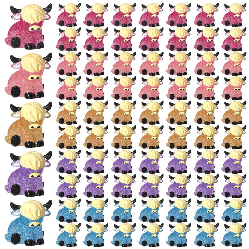 Beeveer 75 Pcs Mini Highland Cow Figurines Bulk Glitter Highland Cow Mini Figures Cute Resin Miniature Animals Tiny Statues Sculpture Ornament for Cake Topper Landscape Office Garden Desk Party Tabletop Decor - Image 2