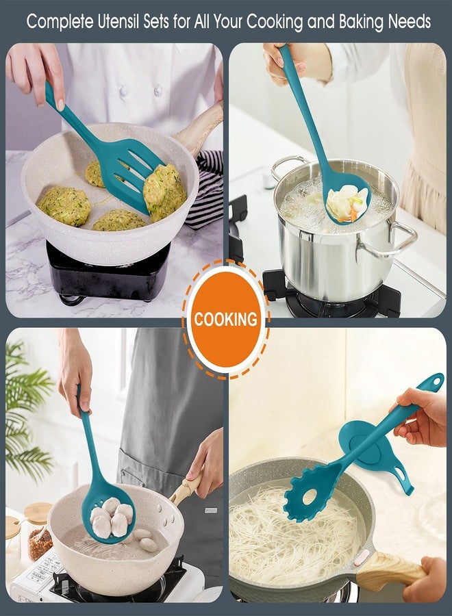 إي-فار طقم أدوات مطبخ باللون الأزرق الفيروزي، من إي-فار، 15 قطعة من أدوات الطبخ المصنوعة من السيليكون مع حامل، مناسبة لأواني الطهي غير اللاصقة ومقاومة للحرارة، تتضمن مغرفة وملعقة مسطحة وملعقة ومقلب مثقوب للطبخ والخبز - Image 4