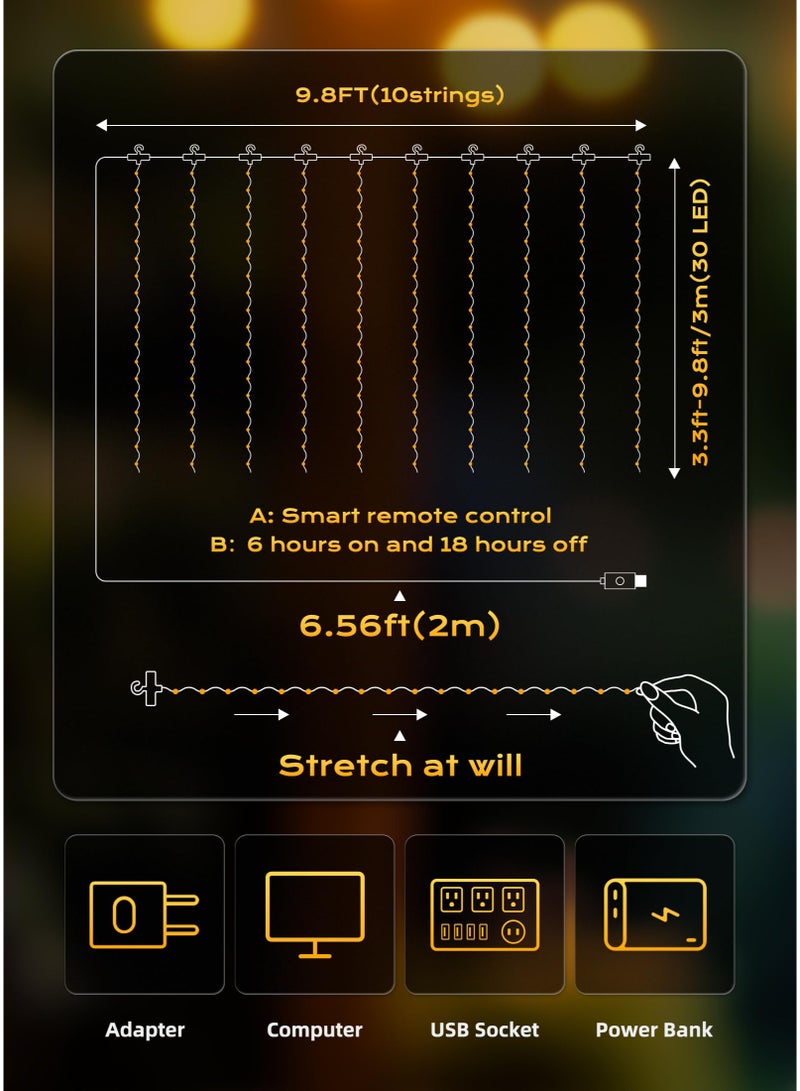 سولاكان 3M*3M   سلسلة أضواء ستارة من مينيتوم مزودة بجهاز تحكم عن بُعد، 300 لمبة LED تعمل عبر USB، 8 أوضاع إضاءة، لون أبيض دافئ، مثالية لغرف النوم والحفلات والزفاف والديكور المنزلي - Image 2