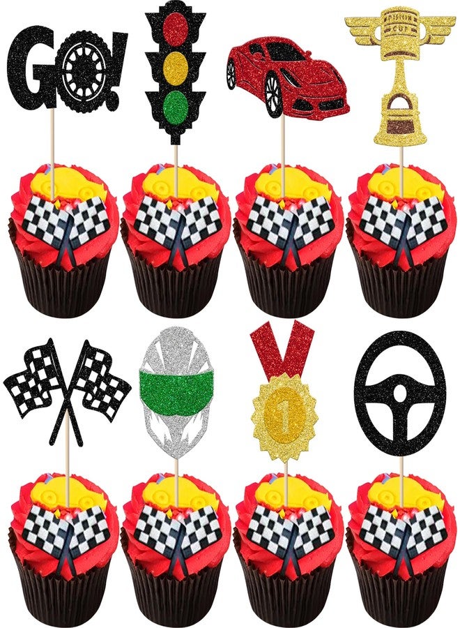 Rsstarxi 24 Pack Race Car Cupcake Toppers Glitter Traffic Light Trophy Flag Racing Cup Cupcake Picks for Racing Theme Baby Shower Boys Birthday Party Cake Decorations Supplies - Image 1