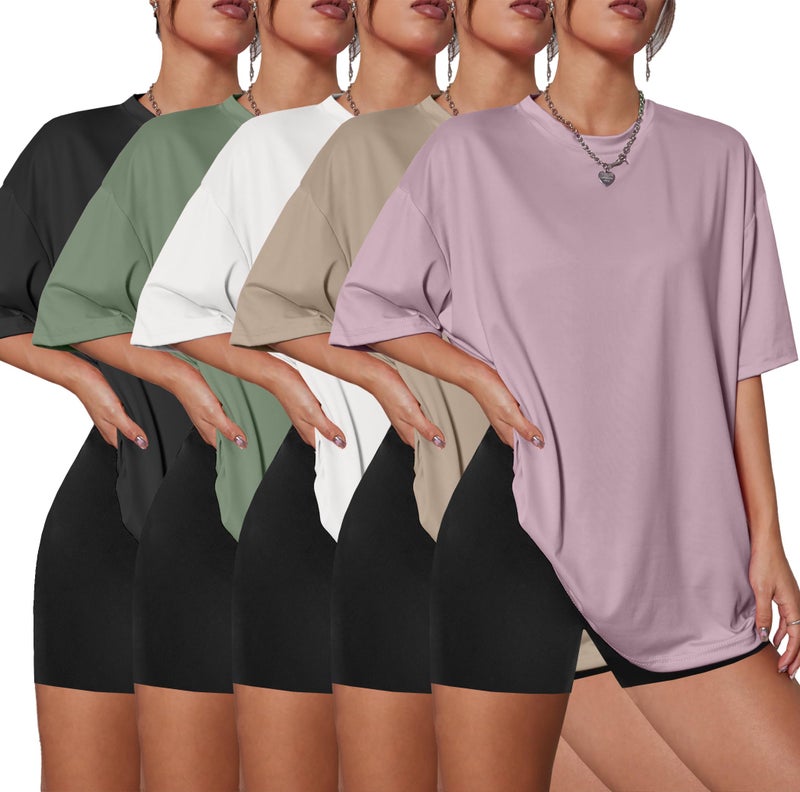Kinglaman 5 Pack Womens Oversized T Shirts Crew Neck Loose Fit Short Sleeve Tshirts Summer Workout Plus Size Tee Tops 1 Black 1 White 1 Army Green 1 Khaki 1 Dark Pink Small - Image 1