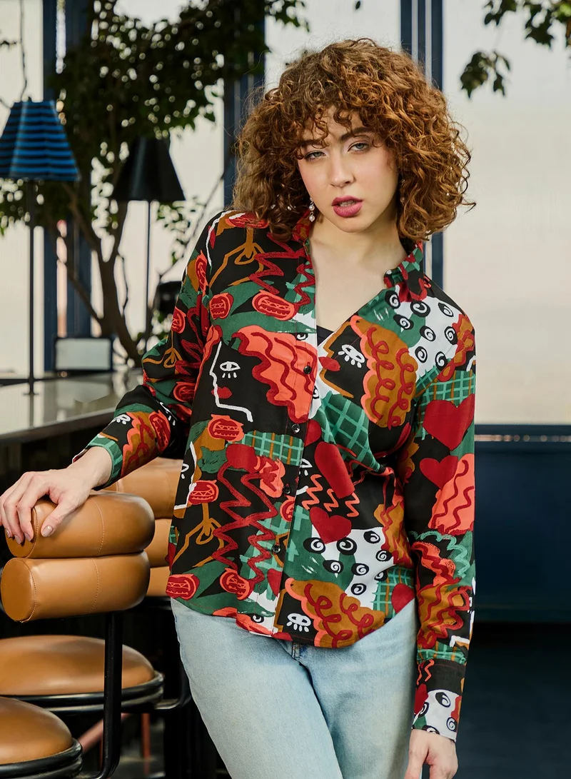 Pinacolada Women's Multi Graphic Relaxed Shirt For Casual Wear | V-Neck | Long Sleeve | Button Closure | Shirt Crafted With Viscose Comfort Fit For Everyday Wear