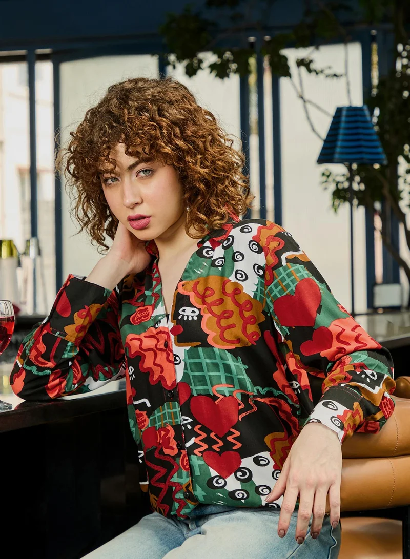 Pinacolada Women's Multi Graphic Relaxed Shirt For Casual Wear | V-Neck | Long Sleeve | Button Closure | Shirt Crafted With Viscose Comfort Fit For Everyday Wear