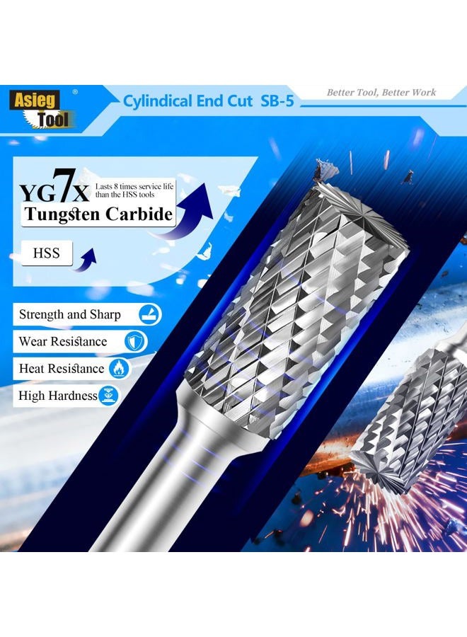 Asieg Tool SB-5 Tungsten Carbide Burr Rotary File Cylinder Shape Double Cut with 1/4''Shank for Die Grinder Drill Bit - Image 3