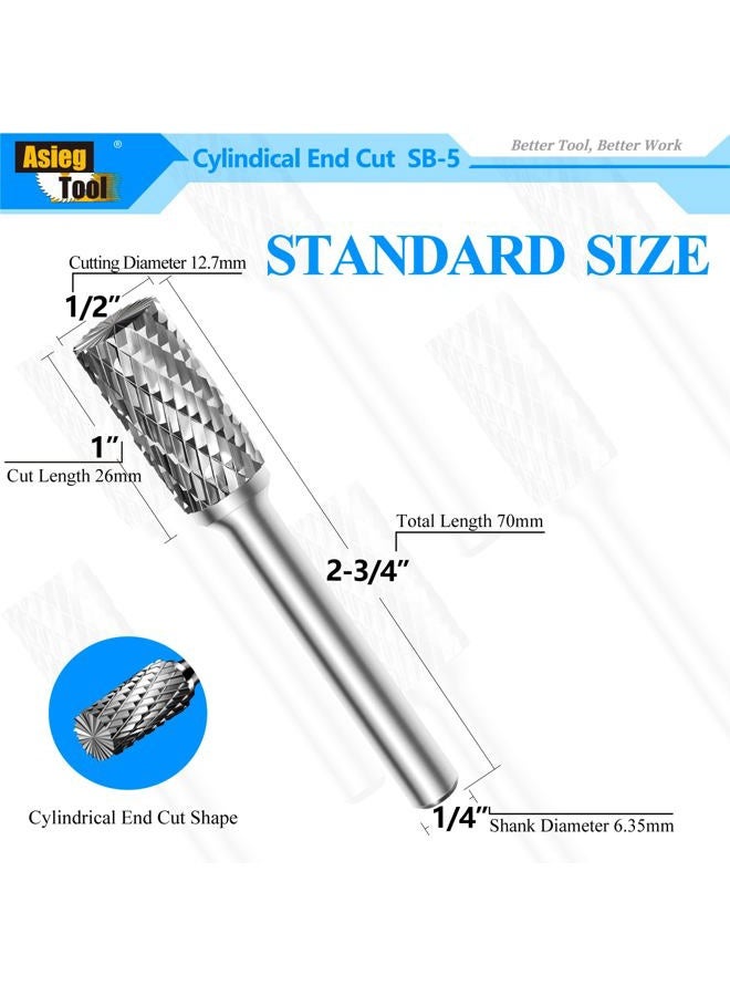 Asieg Tool SB-5 Tungsten Carbide Burr Rotary File Cylinder Shape Double Cut with 1/4''Shank for Die Grinder Drill Bit - Image 2