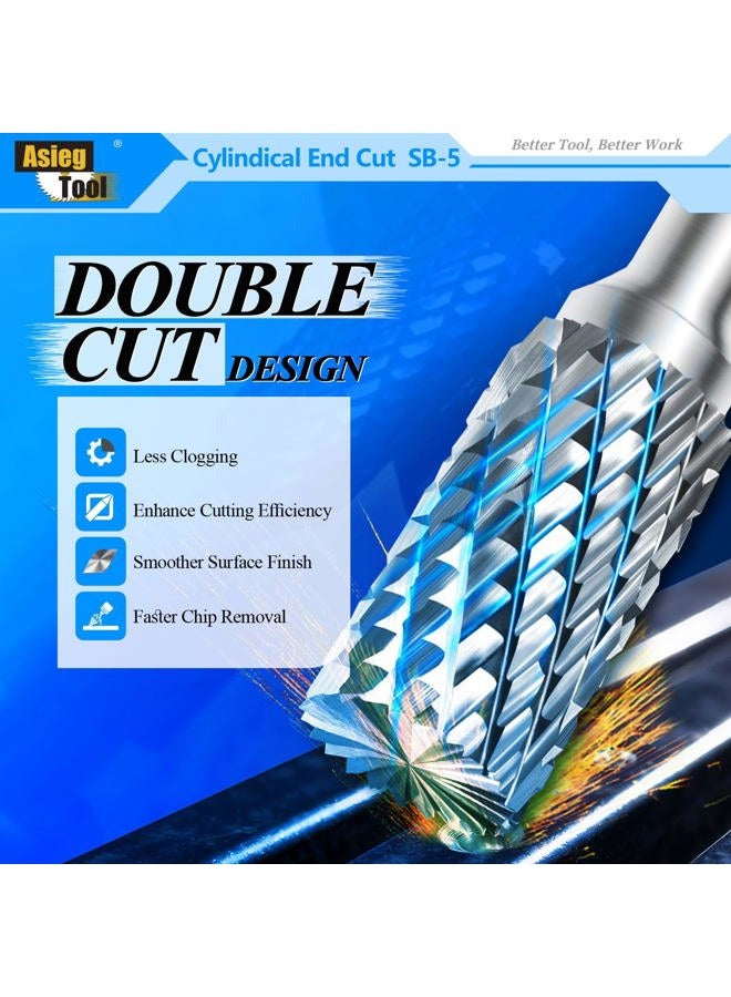 Asieg Tool SB-5 Tungsten Carbide Burr Rotary File Cylinder Shape Double Cut with 1/4''Shank for Die Grinder Drill Bit - Image 4