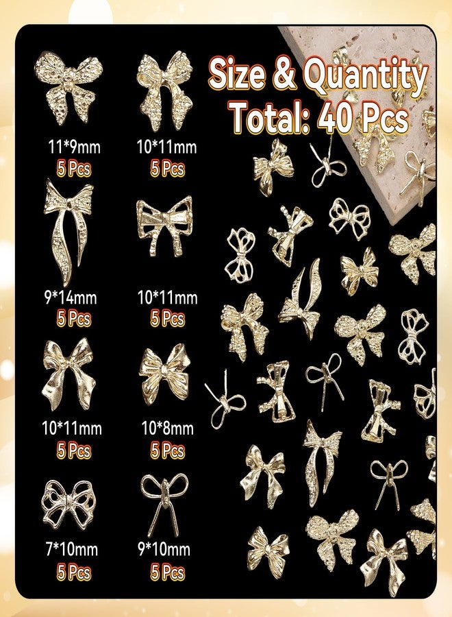Uotey 40 Pcs Metal Bows Nail Charms, Alloy Nail Bows Charm 3D Golden Bowknots Charms for Nails, Assorted Luxury Shiny Bow Tie Nails Gems Charm Nail Art Accessories - Image 2