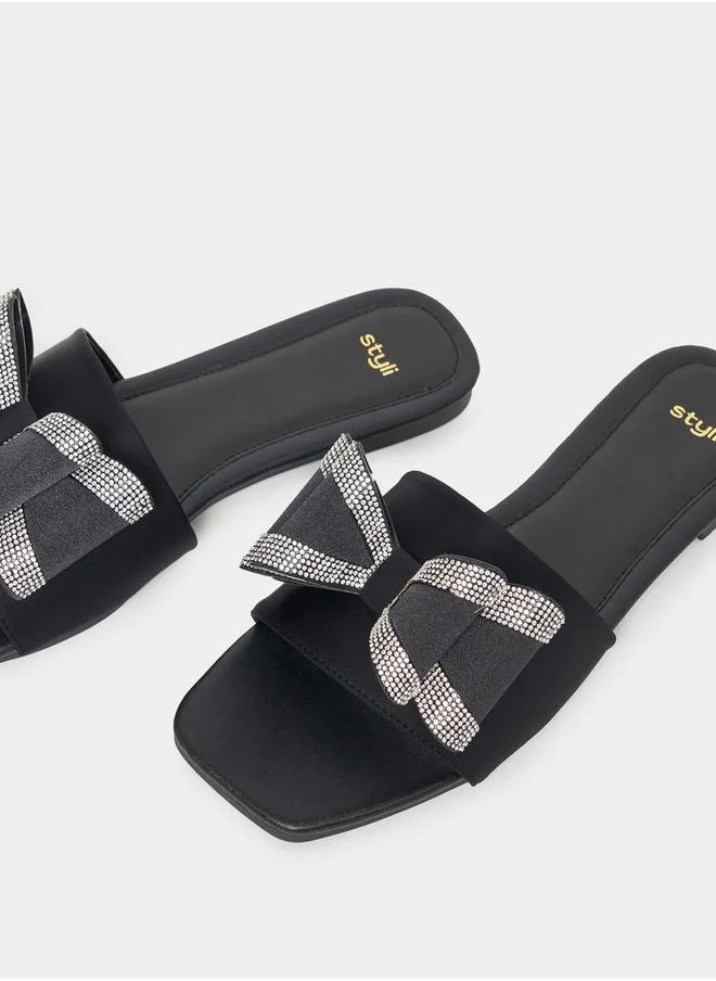 Styli Embellished Bow Design Flat Sandals