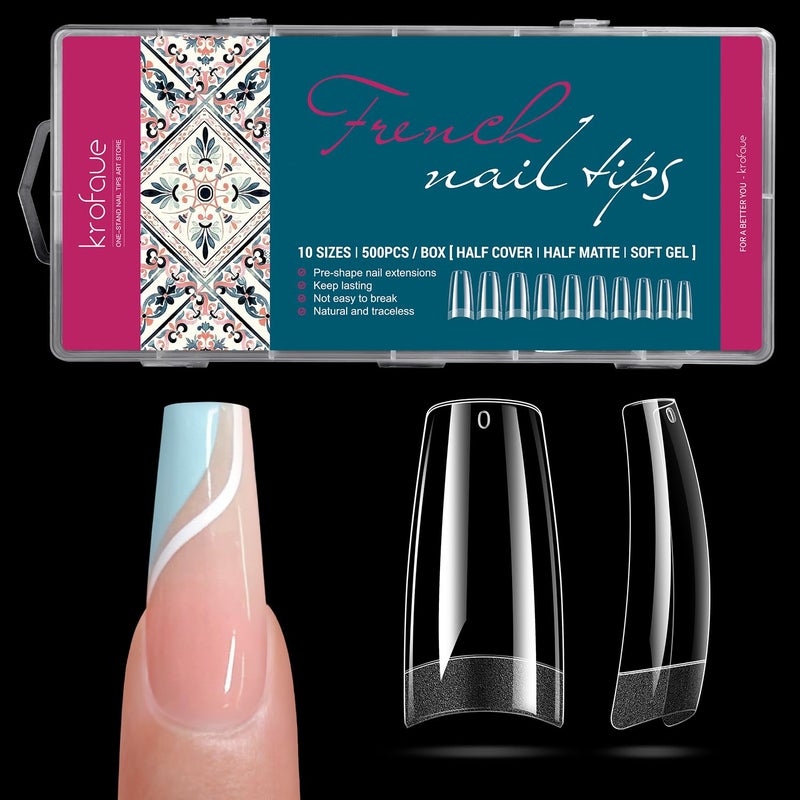 krofaue French Nail Tips - Acrylic Soft Gel False Tips 500PCS Half Cover Square Fake Nails for Women Half Matte French Tip Press on Nails 10 Sizes - Image 1