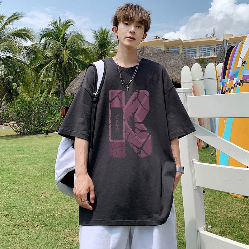 Summer Trendy New Fashion Brand Ins Trendy Half-Sleeve Letter Lazy T-Shirt Round Neck Youth Popular Men'S Casual - Image 3