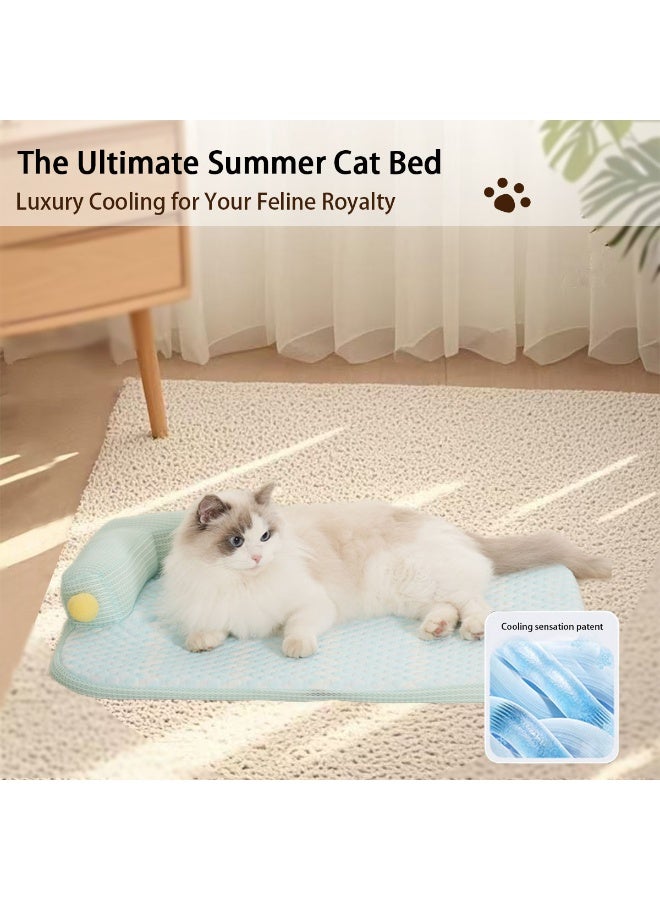 hilimse Cooling Cat Bed with Pillow -L-Shaped Sofa Design, Breathable Summer Mat for Kittens & Cats, Machine-Washable Cushion for Calming Bed for Persian, Siamese, Small Pets (Green)  - Image 2
