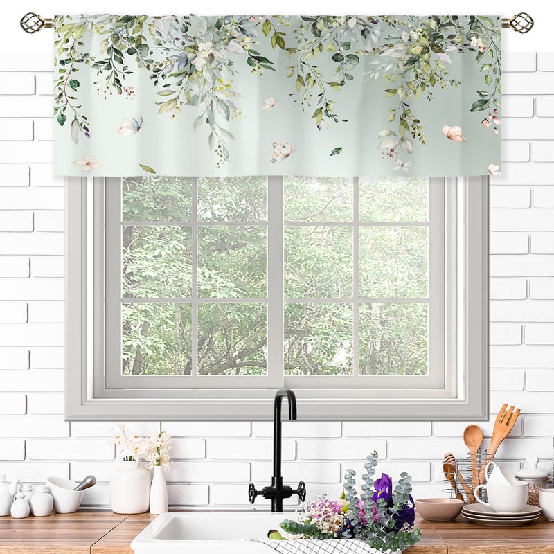 oolygoo Sage Green Eucalyptus Botanical Leaves Valances Kitchen Curtains Flower Window Drapes Floral Plants Botanical Wildflower Bedroom Bathroom Living Room Treatment Tier 1 Panel 52Wx18H Inch - Image 3