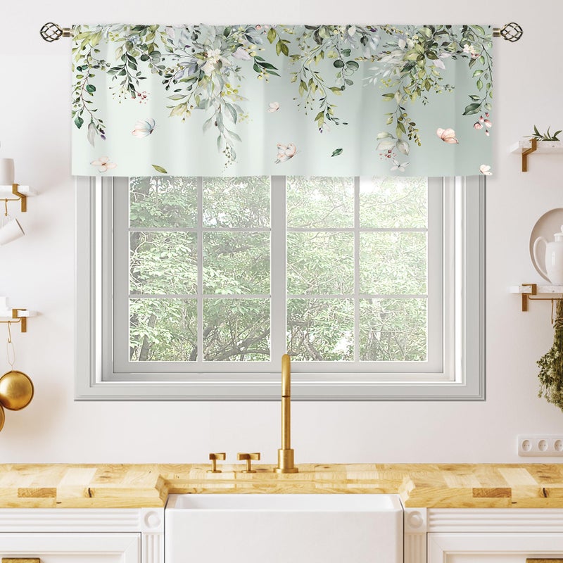 oolygoo Sage Green Eucalyptus Botanical Leaves Valances Kitchen Curtains Flower Window Drapes Floral Plants Botanical Wildflower Bedroom Bathroom Living Room Treatment Tier 1 Panel 52Wx18H Inch - Image 1