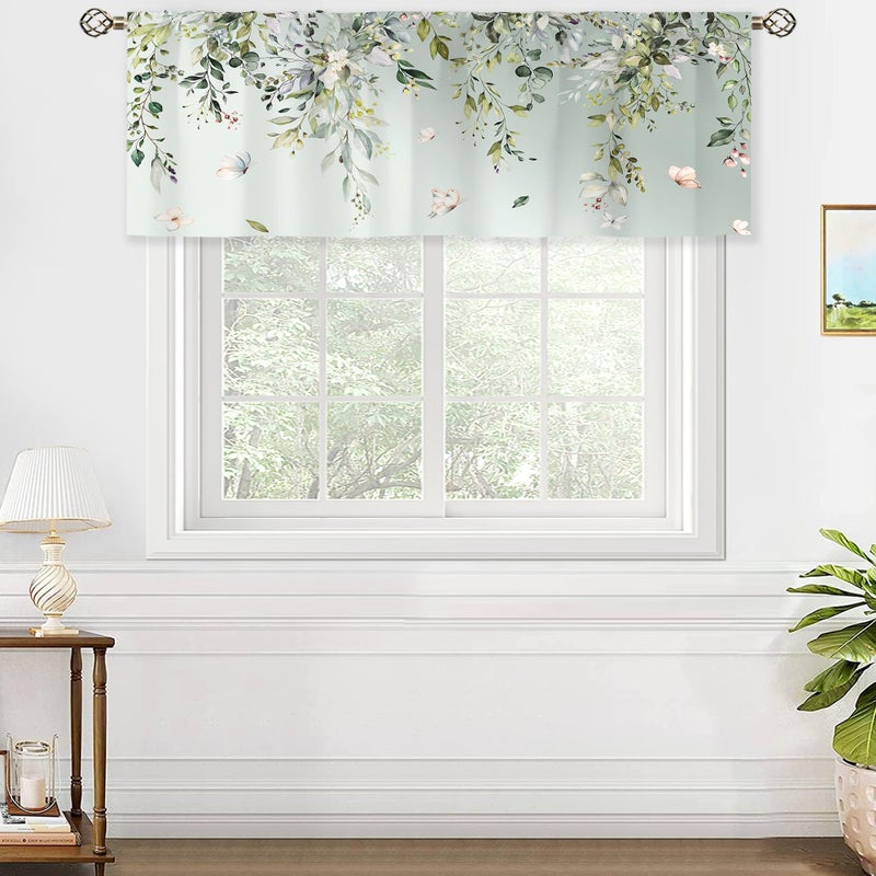 oolygoo Sage Green Eucalyptus Botanical Leaves Valances Kitchen Curtains Flower Window Drapes Floral Plants Botanical Wildflower Bedroom Bathroom Living Room Treatment Tier 1 Panel 52Wx18H Inch - Image 4