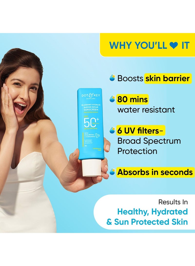 Dot & Key Blueberry Hydrate Barrier Repair Sunscreen SPF 50+, PA++++ | For Dry & Sensitive Skin | Non - Greasy Finish | No White Cast | UV & Blue Light Protection | Broad Spectrum 80G - Image 5