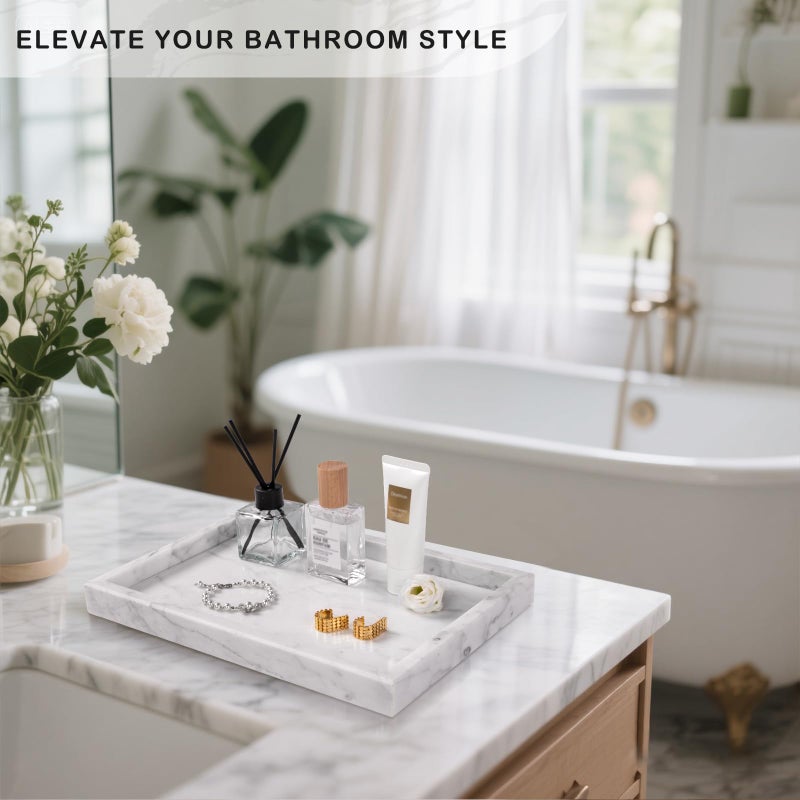 Homaura Marble Bathroom Tray for Countertop & Home Decor, Natural Decorative Marble Tray for Jewelry & Perfume Organizer, Luxury Stone Vanity Trays for Dresser, Kitchen Counter, 12" x 8", White - Image 4