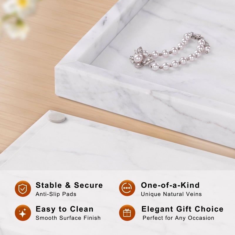 Homaura Marble Bathroom Tray for Countertop & Home Decor, Natural Decorative Marble Tray for Jewelry & Perfume Organizer, Luxury Stone Vanity Trays for Dresser, Kitchen Counter, 12" x 8", White - Image 2