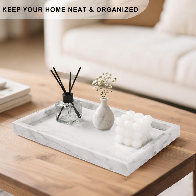 Homaura Marble Bathroom Tray for Countertop & Home Decor, Natural Decorative Marble Tray for Jewelry & Perfume Organizer, Luxury Stone Vanity Trays for Dresser, Kitchen Counter, 12" x 8", White - Image 5