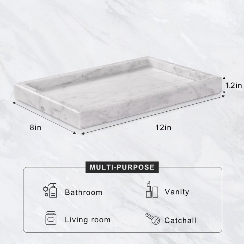 Homaura Marble Bathroom Tray for Countertop & Home Decor, Natural Decorative Marble Tray for Jewelry & Perfume Organizer, Luxury Stone Vanity Trays for Dresser, Kitchen Counter, 12" x 8", White - Image 3