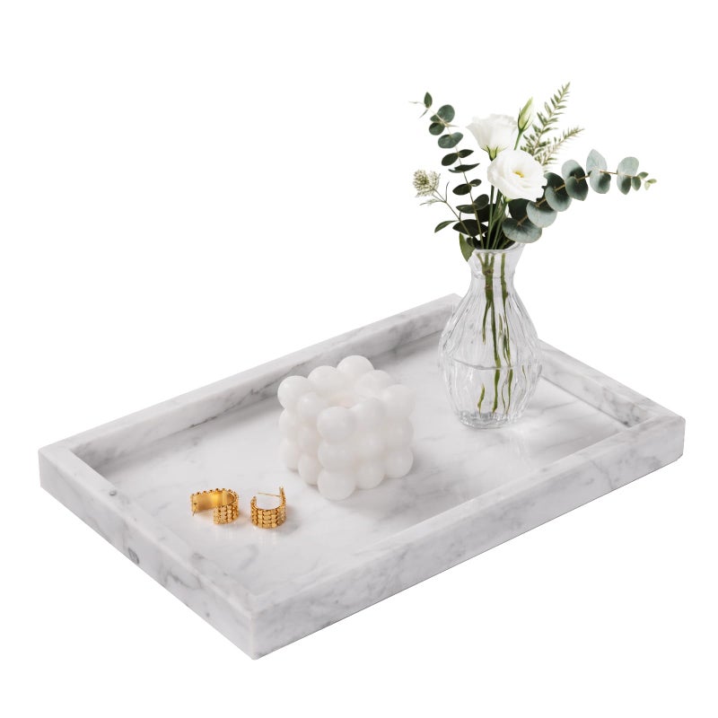Homaura Marble Bathroom Tray for Countertop & Home Decor, Natural Decorative Marble Tray for Jewelry & Perfume Organizer, Luxury Stone Vanity Trays for Dresser, Kitchen Counter, 12" x 8", White - Image 1